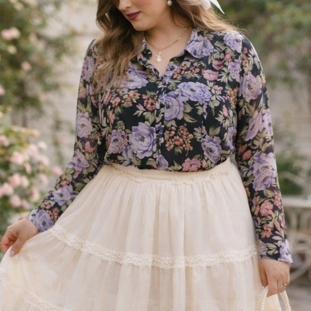 Vintage Erica Simone Floral Blouse Sheer Chiffon Purple Roses‎ Romantic Coquette